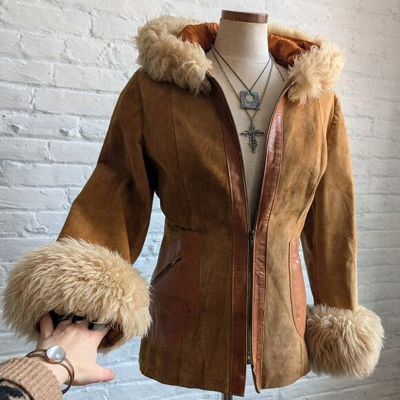 70s Vintage Orange Suede Penny Lane Jacket Groovy Shearling Leather Afghan Coat - Picture 4 of 11